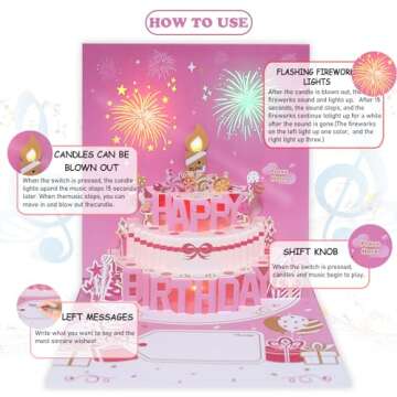 DTESL Musical Birthday Cards with Light and Music, Blowable, 3D Birthday Popup Cards for Men & Women– Plays Hit Song 'HAPPY Birthday' (pink)