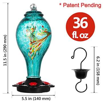 LUJII Hummingbird Feeder, Hand Blown Glass Hummingbird Feeder, Never Fade, 36 Fluid Ounces, 5 Feeding Metal Stations, Much Bigger, Garden Backyard Decorative, Containing Ant Moat (Blue)