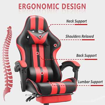 Ferghana Gaming Chairs Red with Footrest,Ergonomic Racing Style PC Game Computer Chair with Headrest Lumbar Support Adjustable Recliner PU Leather Video Computer Chair(Red)