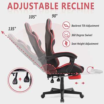 Ferghana Gaming Chairs Red with Footrest,Ergonomic Racing Style PC Game Computer Chair with Headrest Lumbar Support Adjustable Recliner PU Leather Video Computer Chair(Red)