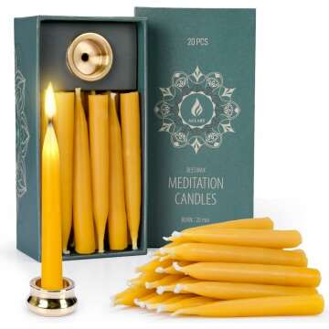 20 Minute Pure Beeswax Candles, Dripless Meditation Candles, Mini Taper Candles, Set of 20 with Brass Candle Holders.