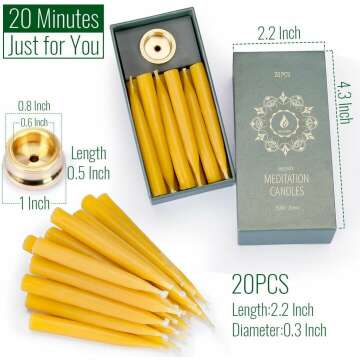 20 Minute Pure Beeswax Candles, Dripless Meditation Candles, Mini Taper Candles, Set of 20 with Brass Candle Holders.