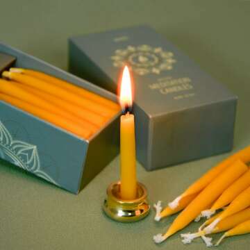 20 Minute Pure Beeswax Candles, Dripless Meditation Candles, Mini Taper Candles, Set of 20 with Brass Candle Holders.