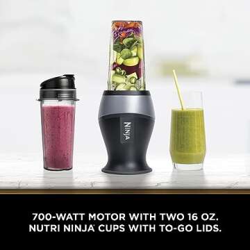 Ninja Fit Compact Personal Blender, Portable Blender for-Smoothies, Shakes, Food Prep, and Frozen Blending, 700-Watt Base, (2) 16-oz. Cups and Spout Lids, Black QB3001SS