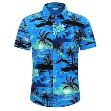 SheLucki Hawaiian Shirt for Men, Unisex Summer Beach Casual Short Sleeve Button Down Shirts, Printed Palmshadow Clothing Palm Tree Blue XL