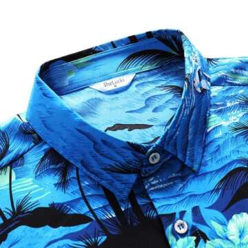 SheLucki Hawaiian Shirt for Men, Unisex Summer Beach Casual Short Sleeve Button Down Shirts, Printed Palmshadow Clothing Palm Tree Blue XL