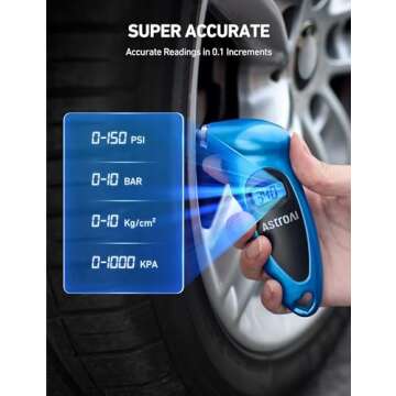 AstroAI Tire Pressure Gauge Digital 0-150PSI (Accurate in 0.1 Increments), 4 Units for Car Truck Bicycle with Backlight LCD and Presta Valve Adaptor, Blue