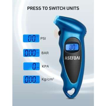 AstroAI Tire Pressure Gauge Digital 0-150PSI (Accurate in 0.1 Increments), 4 Units for Car Truck Bicycle with Backlight LCD and Presta Valve Adaptor, Blue