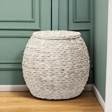 Household Essentials Large Round Woven Wicker Basket Side Table with Removable Lid, 17 Inches Wide 19 Inches Tall, Cream