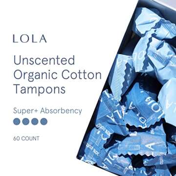 LOLA Organic Cotton Tampons, 60 Count - Super Plus Tampons, Period Feminine Hygiene Products, HSA FSA Approved Products Feminine Care