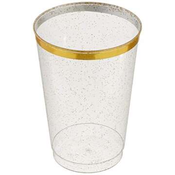 12oz Hard Plastic Party Cups – Perfect for Home, Office, Bars, Weddings, Showers, Birthdays, Anniversaries, and Parties! Durable & Stylish Old Fashioned Tumblers (Gold Glitter with gold rim, 100 Pack)