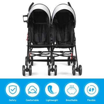 BABY JOY Double Light-Weight Stroller, Travel Foldable Design, Twin Umbrella Stroller with 5-Point Harness, Cup Holder, Sun Canopy for Baby, Toddlers (Black)