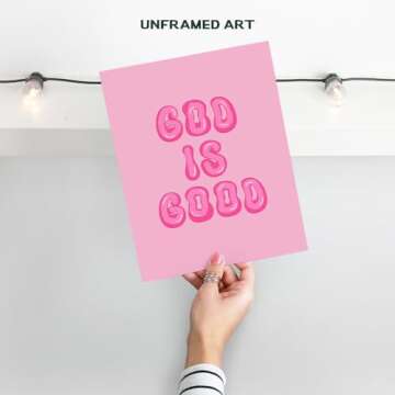 Pink Preppy Christian Wall Decor - God is Good Aesthetic Wall Decor for Women, Woman, Teen Girls - Vintage Retro Religious Gifts - Funky Chic Home Decor Trendy Stuff - 70s Cute Bedroom God Wall Decor