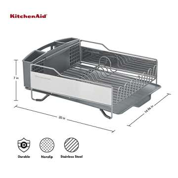 KitchenAid Large Capacity,Full Size, Rust Resistan Dish Rack Angled Drain Board and Removable Flatware Caddy, Light Grey