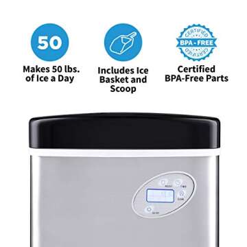 Newair Portable Ice Maker 50 lb. Daily, 12 Cubes in Under 7 Minutes - Compact Countertop Design - 3 Size Bullet Shaped Ice - for Kitchen/Office/RV/Bar - Stainless Steel