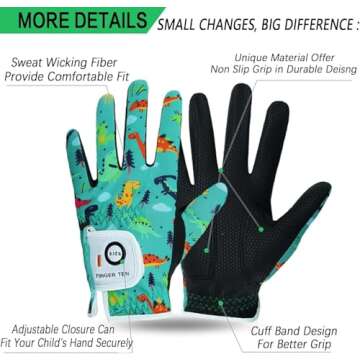 FINGER TEN Kids Golf Gloves Boys Girls Left Right Hand Breathable Value 2 Pack Gift Set for Junior Youth Toddler White Black Green (Green&Black, Small, Left)