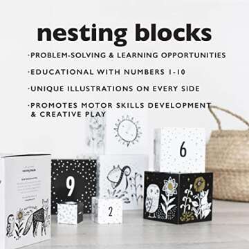 Wee Gallery Nesting Blocks - Woodland Animals and Numbers, Black and White Stacking and Building Toy for Toddlers and Kids, Motor Skills, Creative Play and Problem Solving for Children (Age 2 and up)