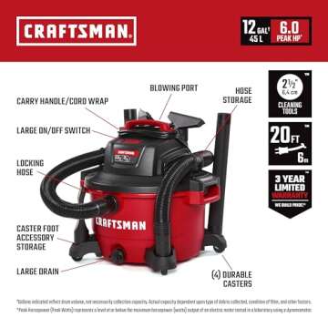 CRAFTSMAN CMXEVBE17594 12 Gallon 6.0 Peak HP Wet Dry Vac, Portable Shop Vacuum Wet and Dry with Filter, Dust Bag, Hose and Attachments for Home Projects & Renovations