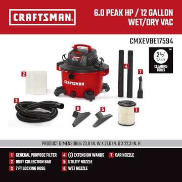 CRAFTSMAN CMXEVBE17594 12 Gallon 6.0 Peak HP Wet Dry Vac, Portable Shop Vacuum Wet and Dry with Filter, Dust Bag, Hose and Attachments for Home Projects & Renovations