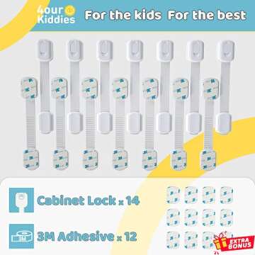 4our Kiddies 14 Pack Baby Proof Cabinet Latches, Childproof Drawer Latches with 12 Extra 3M Adhesives, Adjustable No Drilling Child Safety Cabinet Locks Straps Baby Drawer Locks for Kids Baby Safety