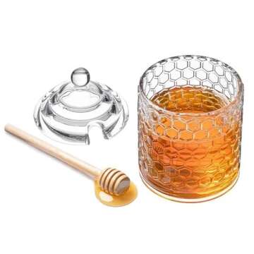 Royalty Art Glass Honey Pot with Beehive Lid and Wooden Dipper, 3 Pc. Set, Decorative Kitchen Accessory and Dispenser, Honeycomb Glassware, Reusable and Washable