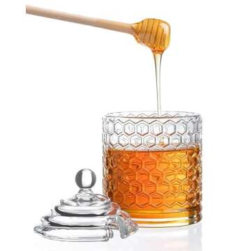 Royalty Art Glass Honey Pot with Beehive Lid and Wooden Dipper, 3 Pc. Set, Decorative Kitchen Accessory and Dispenser, Honeycomb Glassware, Reusable and Washable