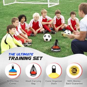 Pro Disc Cones (Set of 50) - Agility Soccer Cones with Carry Bag and Holder for Sports Training, Football, Basketball, Coaching, Practice Equipment, Kids - Includes 15 Best Drills Book (Multi-Color)