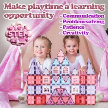 Little Pi 104pcs Frozen Princess Castle Magnetic Tiles Building Blocks - 3D Diamond Blocks, STEM Educational Toddler Toys for Pretend Play, 4 Year Old Girl Birthday Gifts Kids Ages 3 5 6 7 8 - Pink