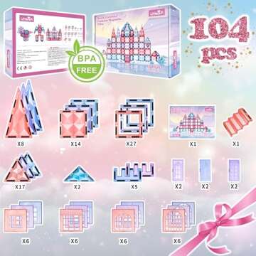 Little Pi 104pcs Frozen Princess Castle Magnetic Tiles Building Blocks - 3D Diamond Blocks, STEM Educational Toddler Toys for Pretend Play, 4 Year Old Girl Birthday Gifts Kids Ages 3 5 6 7 8 - Pink