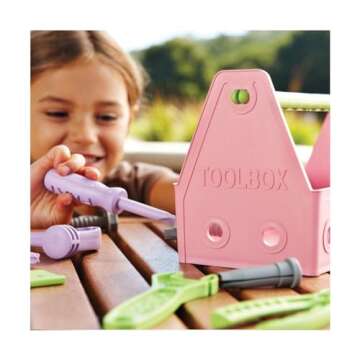 Green Toys Tool Set, Pink 4C - 15 Piece Pretend Play, Motor Skills, Language & Communication Kids Role Play Toy. No BPA, phthalates, PVC. Dishwasher Safe, Recycled Plastic, Made in USA.