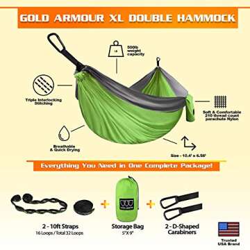 Gold Armour Camping Hammock - XL Double Hammock Portable Hammock Camping Accessories Gear for Outdoor Indoor with Tree Straps, USA Based Brand (Lime Green and Gray)