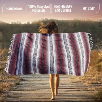 Authentic Large Handwoven Mexican Blanket - Soft Yoga Blanket - Durable Serape Blanket - Lightweight Falsa Blanket, Beach Blanket, Camping Blanket, Picnic Blanket, Outdoor Blanket 70"x50" - Cherry