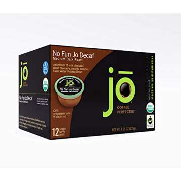 No Fun Jo Decaf: 12 Organic Compostable Pods for Keurig K-Cup Compatible Brewers, Swiss Water Process Single Serve Coffee Medium/Dark Roast Fair Trade