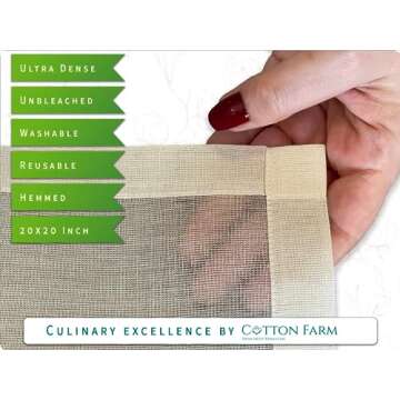 Cotton Farm Grade 100 Premium Cheese Cloths - Precision Straining & More; 20x20 inch; 100% Unbleached Cotton Cheesecloth