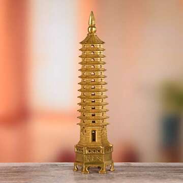 BRASSTAR Brass Feng Shui Statue Wenchang Pagoda Layer 13 Tower 11.8” Length Sculpture Office Home Desk Decor Artifacts Attract Career Fame Academic Wisdom Education Luck TQZDPT40