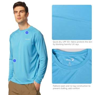 BALEAF Men's Sun Protection Shirts UV SPF T-Shirts UPF 50+ Long Sleeve Rash Guard Fishing Running Quick Dry Blue Size L