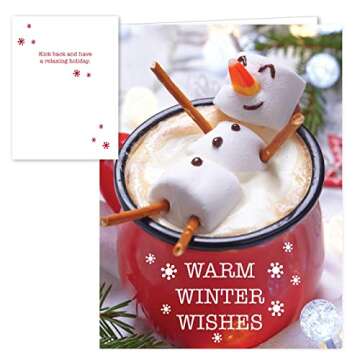 Cocoa Snowman Holiday Card Pack / 25 Winter Wishes Cards Set/Hot Chocolate Marshmallows Design With Inside Verse / 4 5/8" x 6 1/4" Christmas Cards With White Envelopes