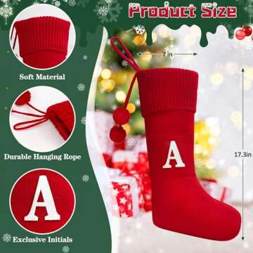 Ubran Upholstered Christmas Stockings with Initials, Embroidered Monogram Knit Christmas Xmas Gifts for Kids Holiday Family Fireplace Party Decoration Red Letter A