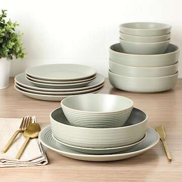 Gibson Home Dinah Double Bowl Stoneware Embossed Speckled Dinnerware Set - Sage Green, Service for Four (16pcs)