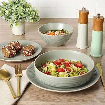 Gibson Home Dinah Double Bowl Stoneware Embossed Speckled Dinnerware Set - Sage Green, Service for Four (16pcs)