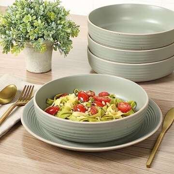 Gibson Home Dinah Double Bowl Stoneware Embossed Speckled Dinnerware Set - Sage Green, Service for Four (16pcs)