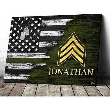 VTH GLOBAL Personalized Custom Name Insignia Rank Military Soldier Veteran Thin Green Line Patriotic American Flag Canvas Prints Poster Wall Art Retirement Home Hanging Office Decor