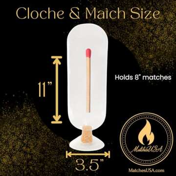 Extra Tall 11" Decorative Glass Matches Cloche | INCLUDES MATCHES!!! & Free Striker Strip!!! | Fireplace Candle Gift Set (BLACK)