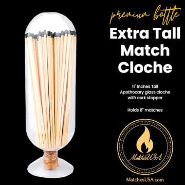 Extra Tall 11" Decorative Glass Matches Cloche | INCLUDES MATCHES!!! & Free Striker Strip!!! | Fireplace Candle Gift Set (BLACK)