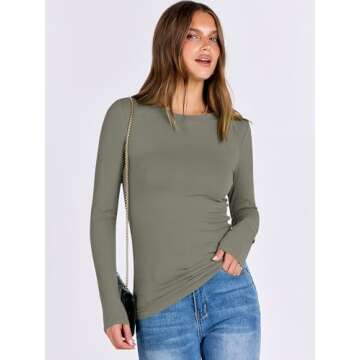 ANRABESS Women Long Sleeve Rib Knit Slim Fit Crewneck Shirts Basic Tee Tops 2024 Fall T-Shirt Going Out Workout Outfits Army Green X-Small