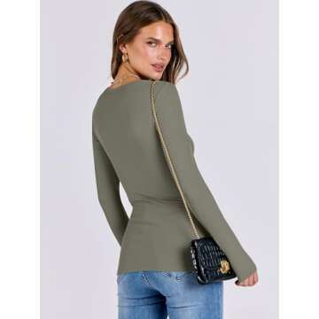 ANRABESS Women Long Sleeve Rib Knit Slim Fit Crewneck Shirts Basic Tee Tops 2024 Fall T-Shirt Going Out Workout Outfits Army Green X-Small