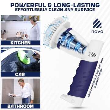 NOVA Electric Spin Scrubber Brush 2.0, Handheld Cordless Rechargeable Bathroom Spin Brush for Cleaning Tub/Tile/Floor/Sink/Window | Stronger Motor & Longer Battey w/ 6 Replaceable Cleaning Brush Heads