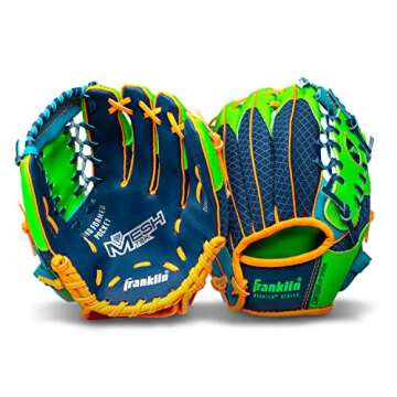 Franklin Sports Baseball Gloves - Meshtek Child's Tball Glove + Ball - Boys + Girls Teeball Mitt Set - Kids + Toddler Right Hand Throw - 9.5" - Navy/Lime/Orange