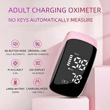 Pulse Oximeter Fingertip with Rechargeable, Oxygen Meter Finger Pulse Oximeter, Rechargeable Pulse Oximeter, Accurate Fast Oximetry SpO2 Reading for Outdoor Sports Home Wide Use (Pink)