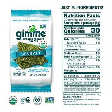 Gimme Seaweed - Sea Salt - 20 Count - Organic Roasted Seaweed Sheets - Keto, Vegan, Gluten Free - Great Source of Iodine & Omega 3’s - Healthy On-The-Go Snack for Kids & Adults